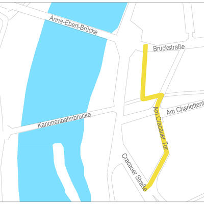 Bild vergrößern: Grafik mit dem provisorischen Umleitungsweg zur Cracauer Straße für Fußgänger