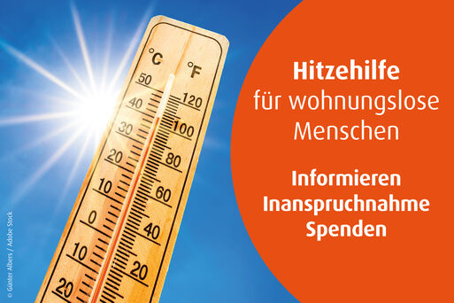 Thermometer und im Hintergrund die pralle Sonne und die Aufschrift "Hitzehilfe"