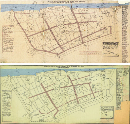 Bild vergrößern: Vergleich der neuen Straen im Schwedischen Plan (oben) und im Kthener Plan (unten)