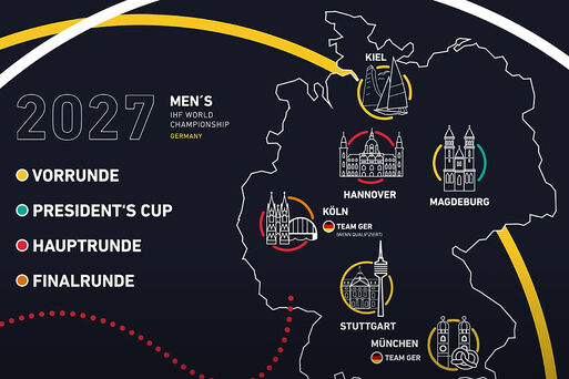 Grafik zur Handball-WM 2027 mit den Austragungsorten in Deutschland